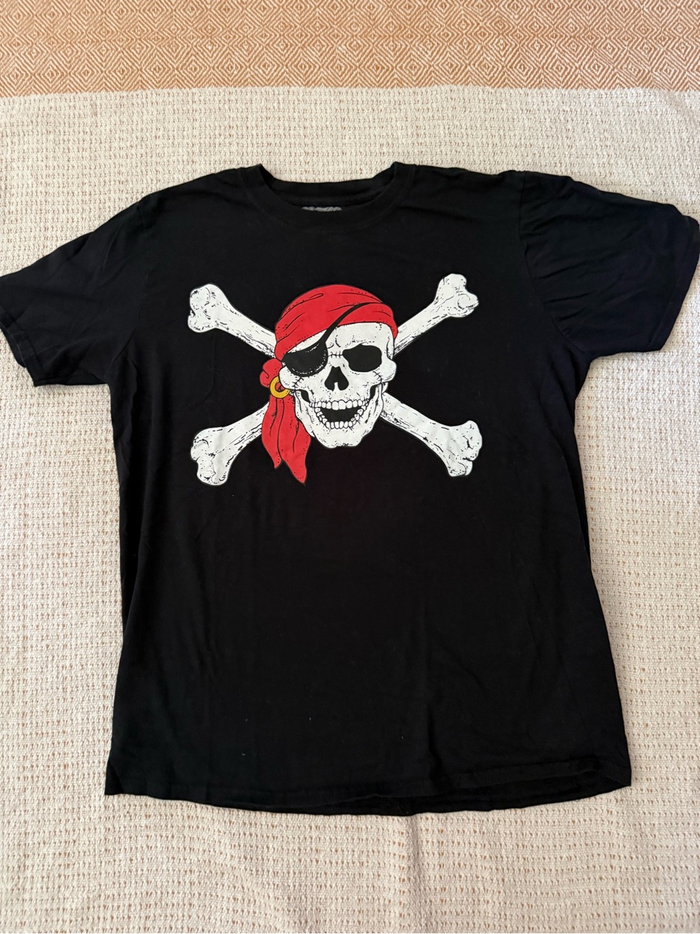 Black Pirate Skull Graphic Tee with Red Bandana